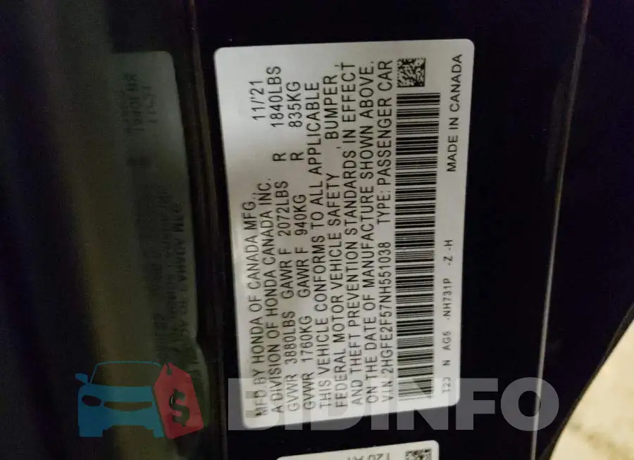 2HGFE2F57NH551038 Photo# 12