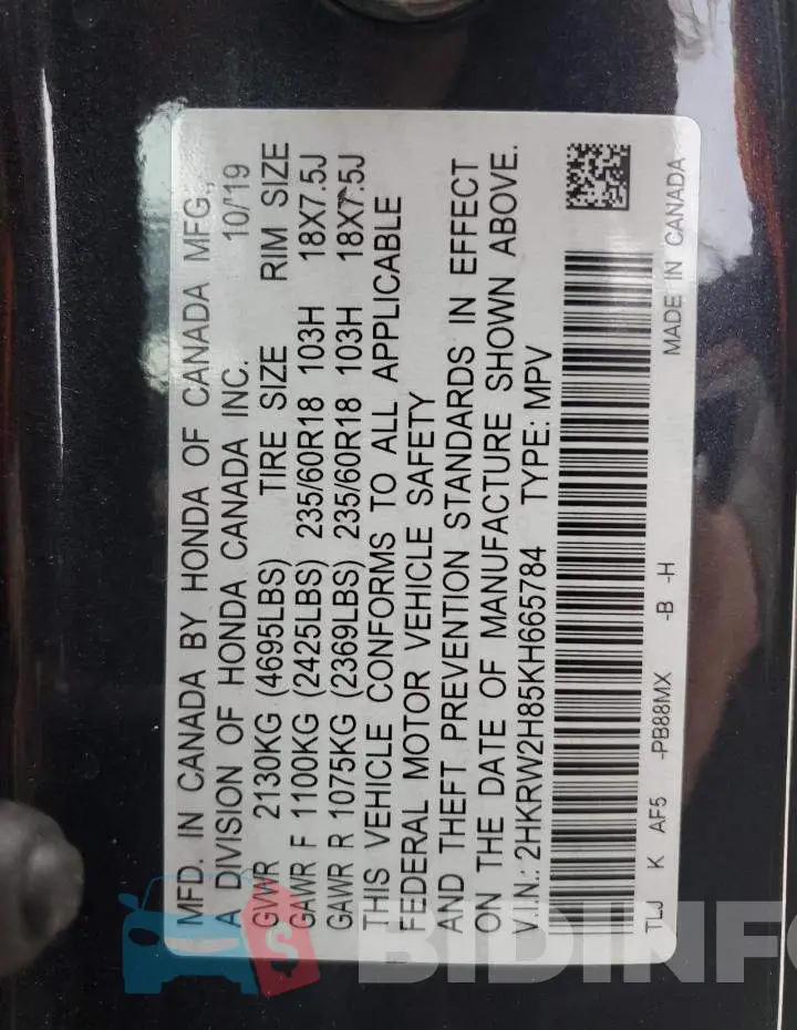 2HKRW2H85KH665784 Photo# 13