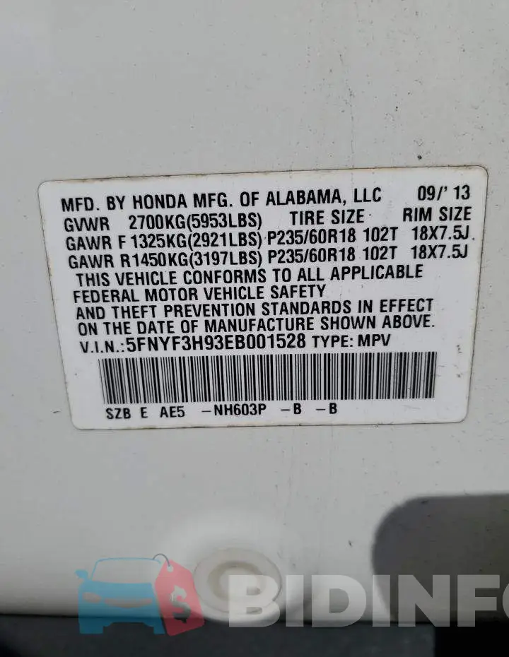 5FNYF3H93EB001528 Photo# 12