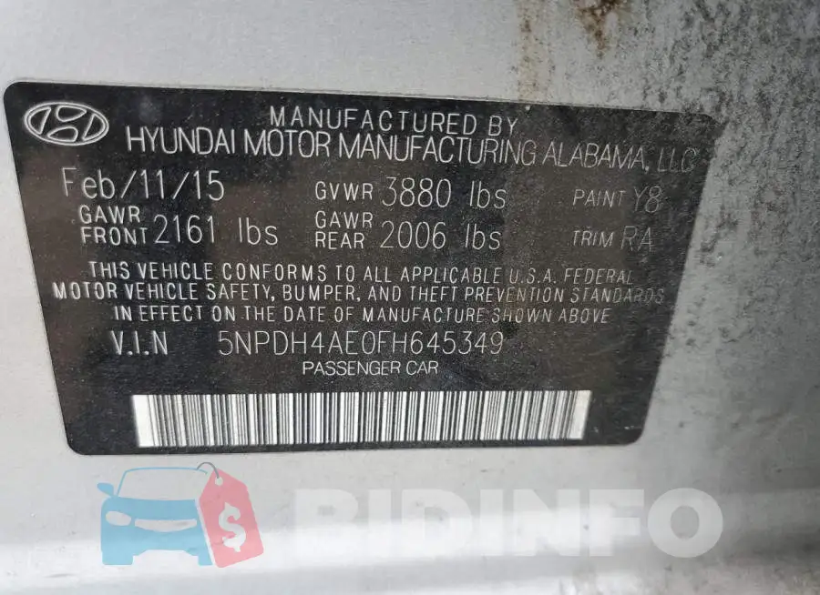5NPDH4AE0FH645349 Photo# 12
