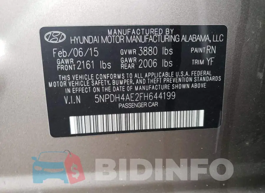 5NPDH4AE2FH644199 Photo# 12