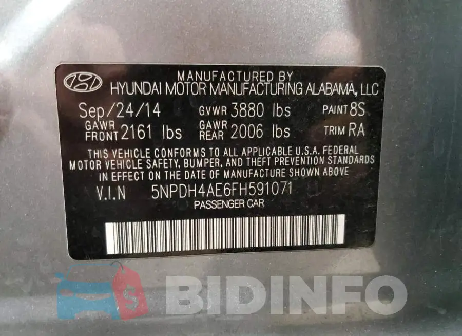 5NPDH4AE6FH591071 Photo# 12
