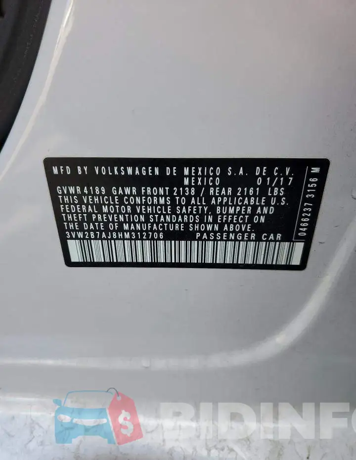 3VW2B7AJ8HM312706 Photo# 12