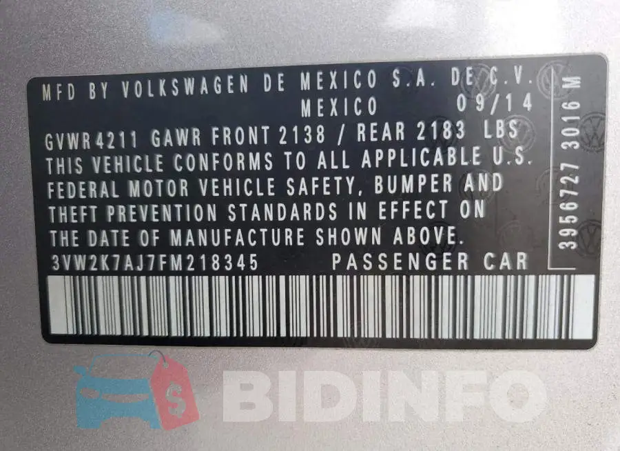 3VW2K7AJ7FM218345 Photo# 12