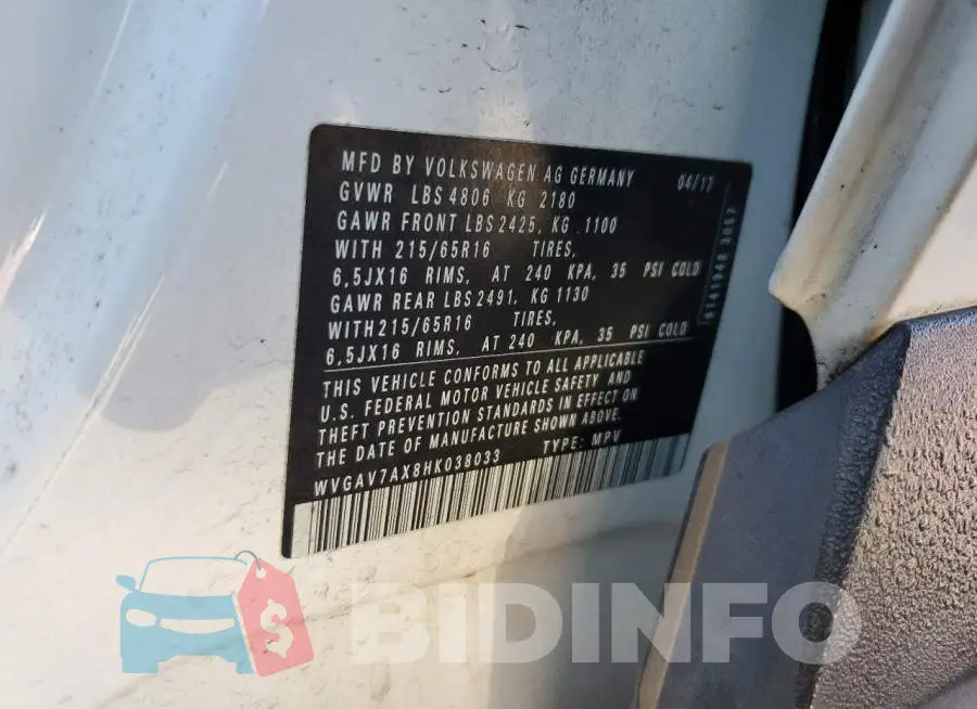WVGAV7AX8HK038033 Photo# 12