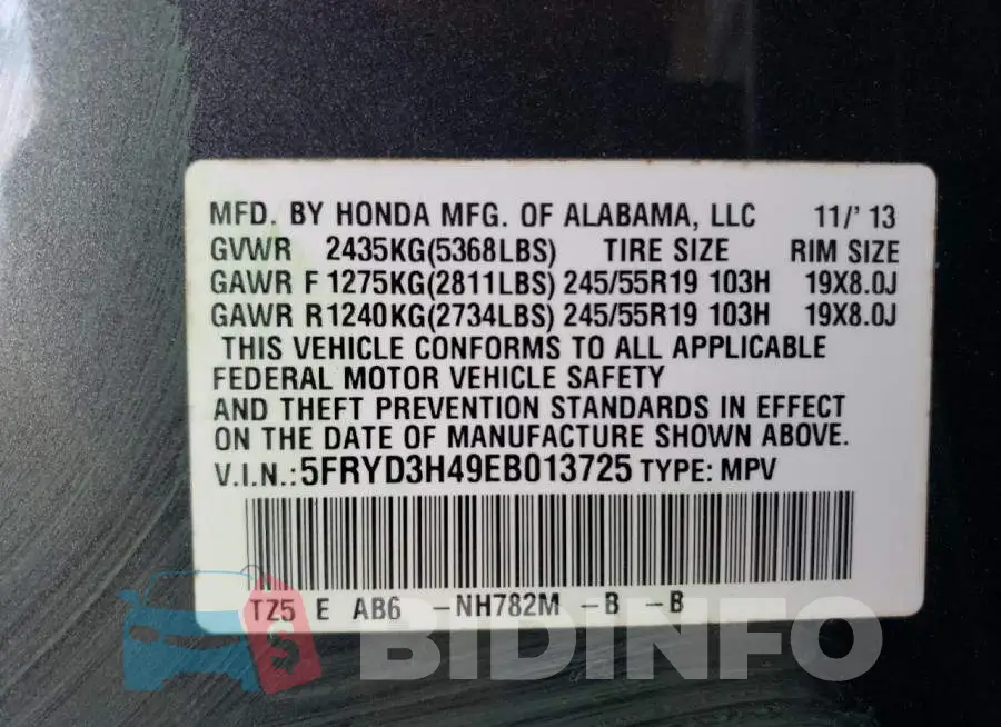 5FRYD3H49EB013725 Photo# 14