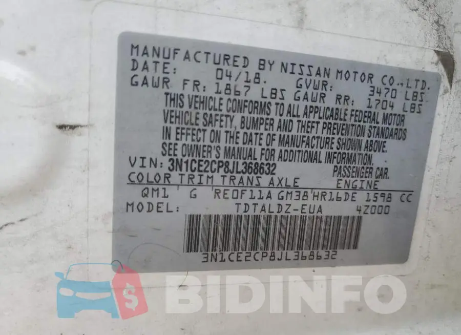 3N1CE2CP8JL368632 Photo# 12