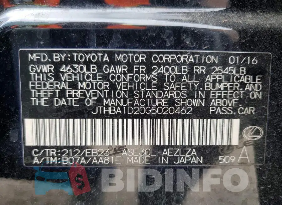 JTHBA1D20G5020462 Photo# 12