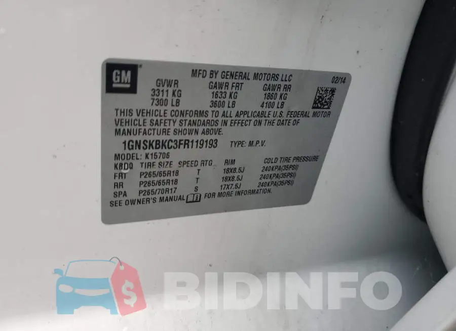 1GNSKBKC3FR119193 Photo# 12