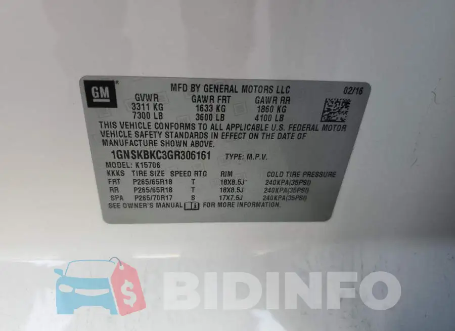 1GNSKBKC3GR306161 Photo# 13
