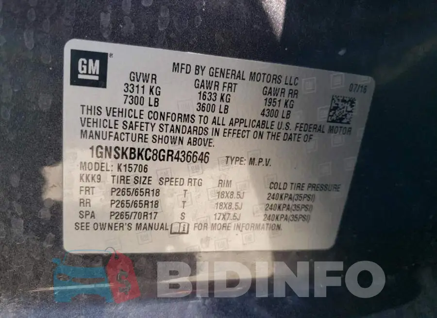 1GNSKBKC8GR436646 Photo# 12
