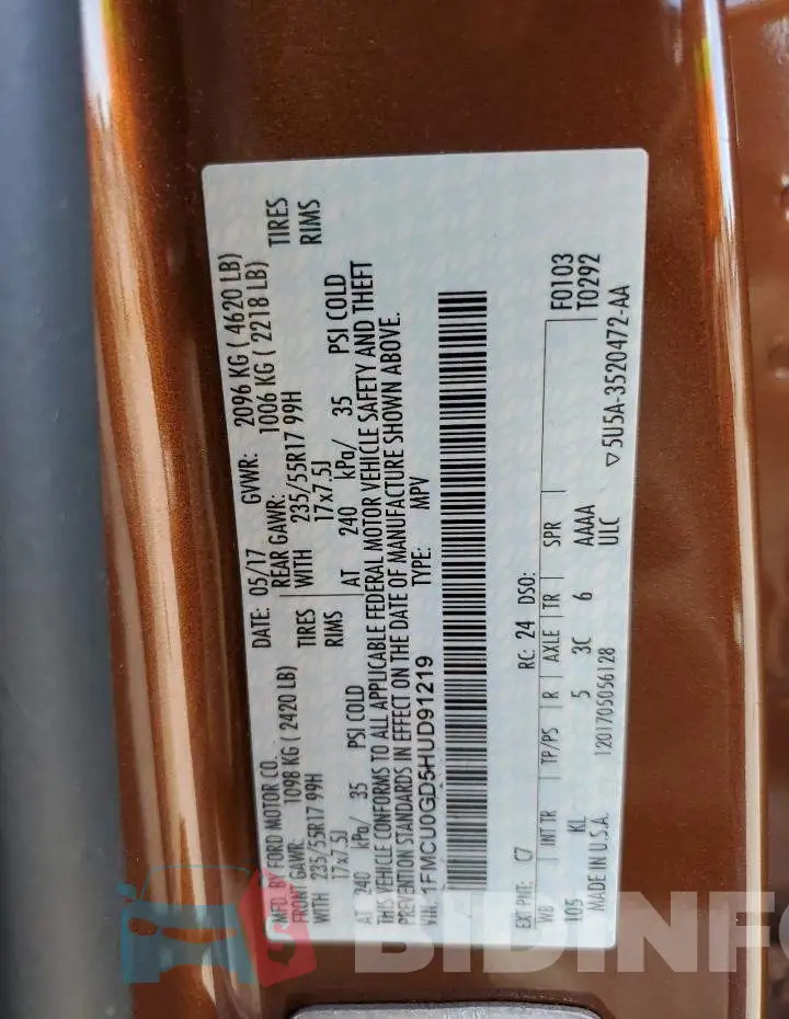 1FMCU0GD5HUD91219 Photo# 12
