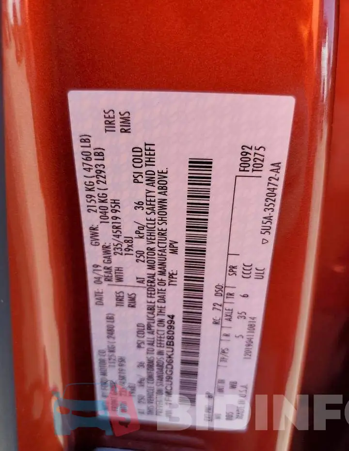 1FMCU9GD6KUB80994 Photo# 13