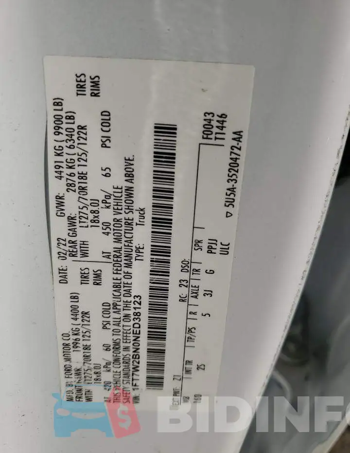 1FT7W2BN0NED38123 Photo# 12