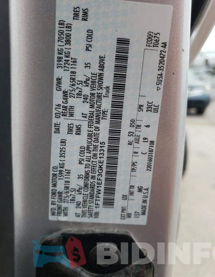 1FTFW1EF3GKE13315 Photo# 12