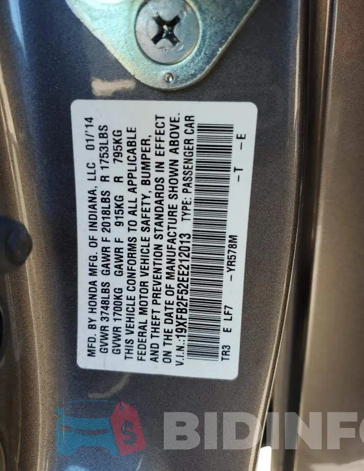 19XFB2F52EE212013 Photo# 13