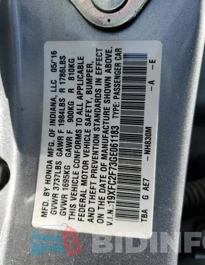 19XFC2F73GE061183 Photo# 12