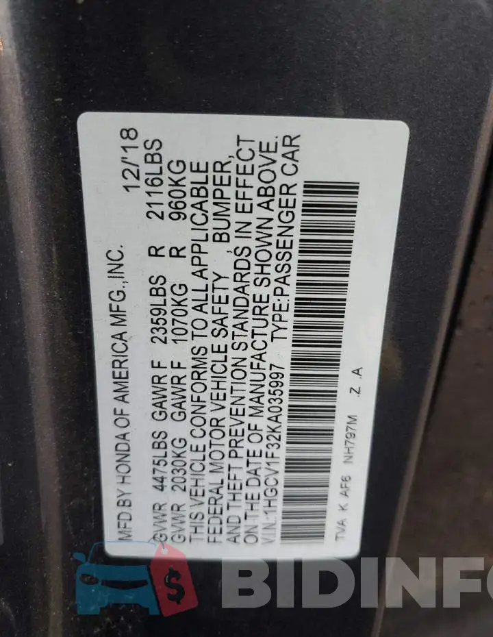 1HGCV1F32KA035997 Photo# 12