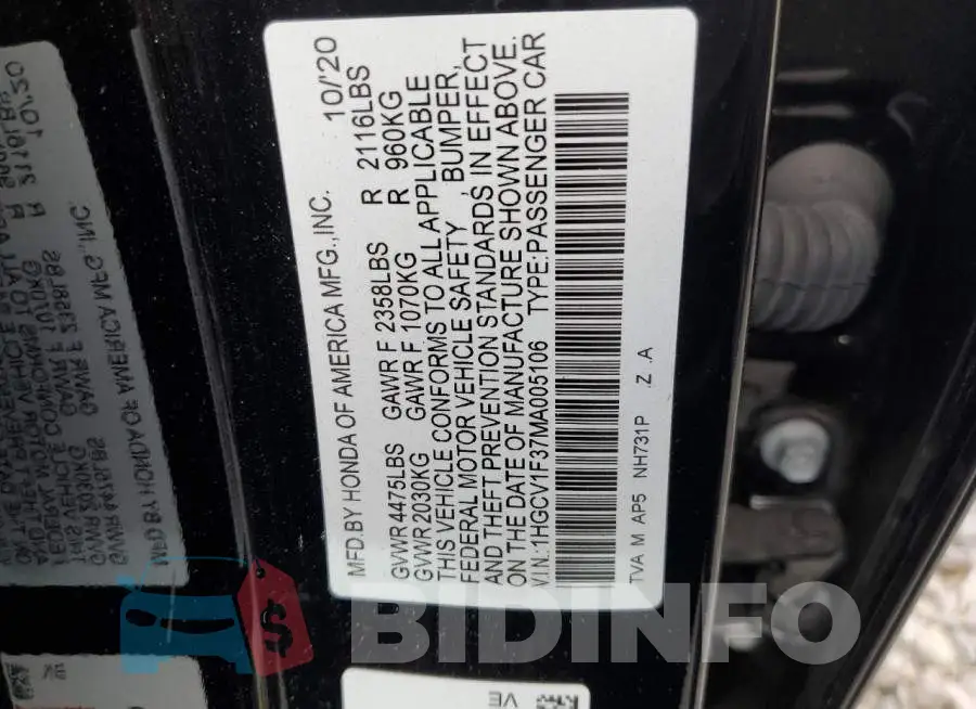 1HGCV1F37MA005106 Photo# 12