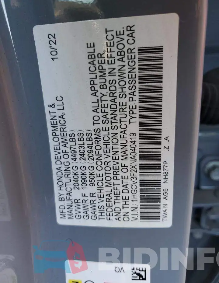 1HGCV3F2XNA040419 Photo# 12
