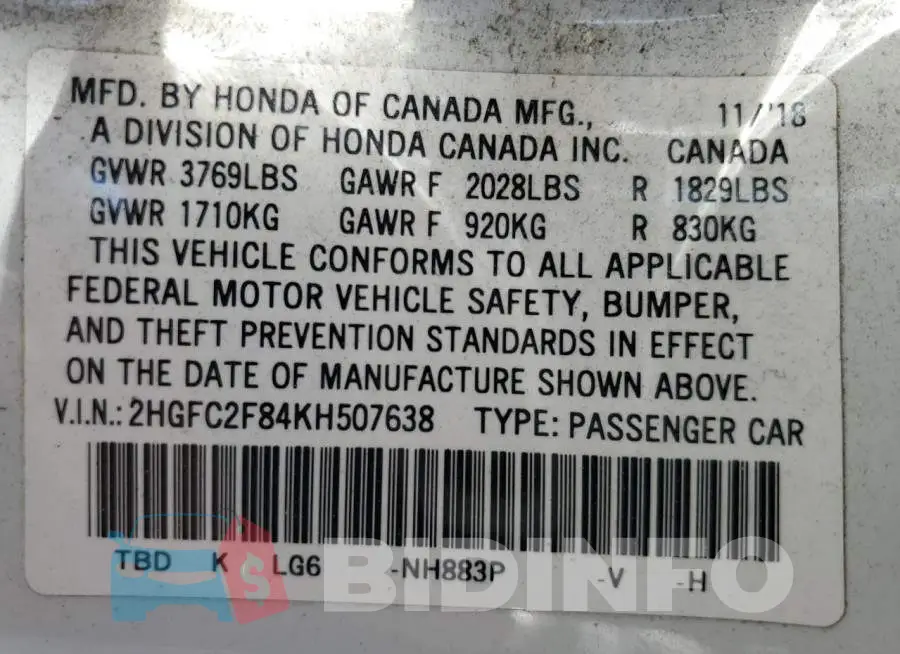 2HGFC2F84KH507638 Photo# 13