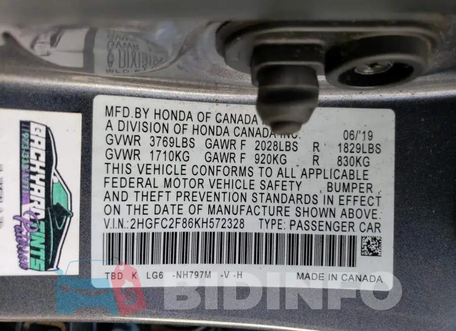 2HGFC2F86KH572328 Photo# 12