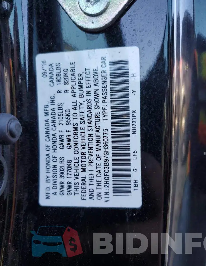 2HGFC3B97GH360775 Photo# 12