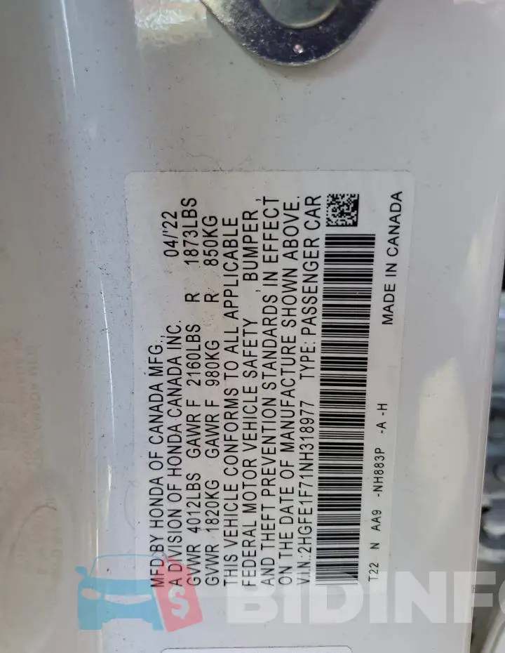 2HGFE1F71NH318977 Photo# 12