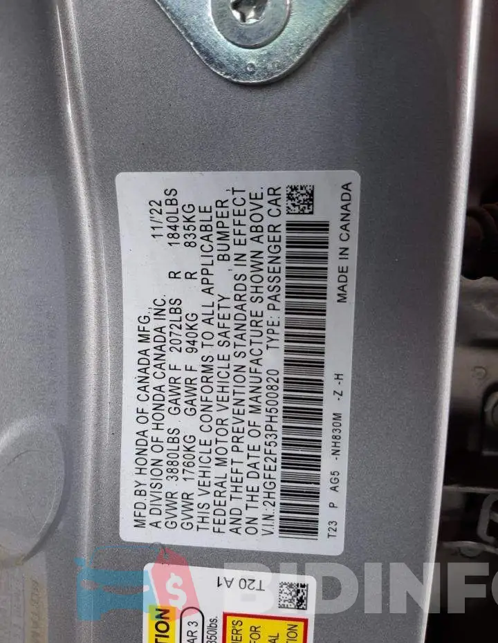 2HGFE2F53PH500820 Photo# 12