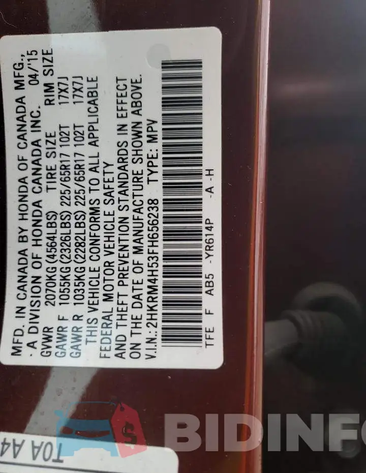 2HKRM4H53FH656238 Photo# 12