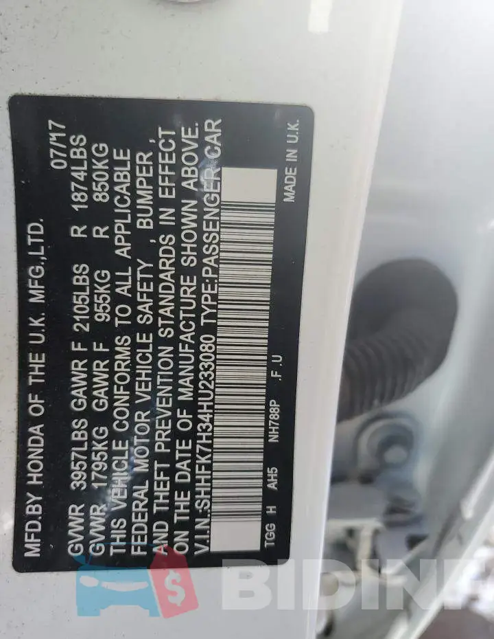 SHHFK7H34HU233080 Photo# 12
