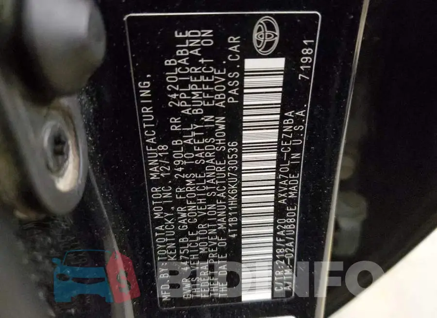 4T1B11HK6KU730536 Photo# 12