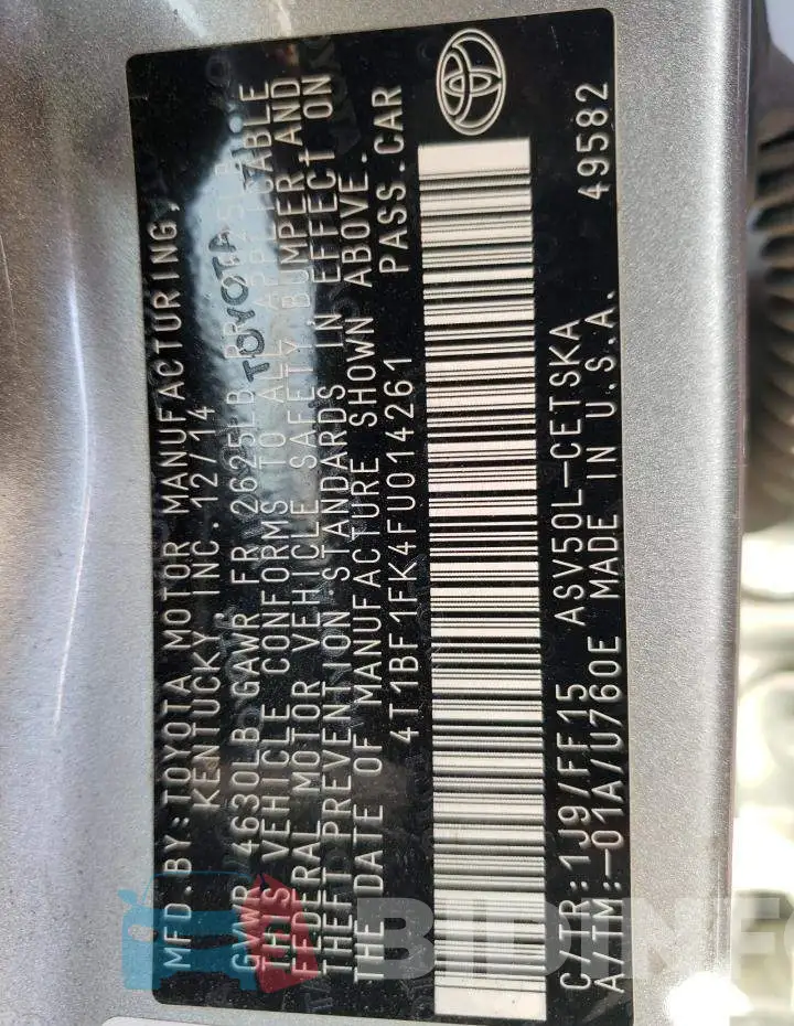 4T1BF1FK4FU014261 Photo# 12