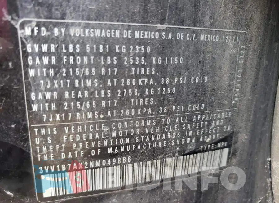 3VV1B7AX2NM049886 Photo# 13