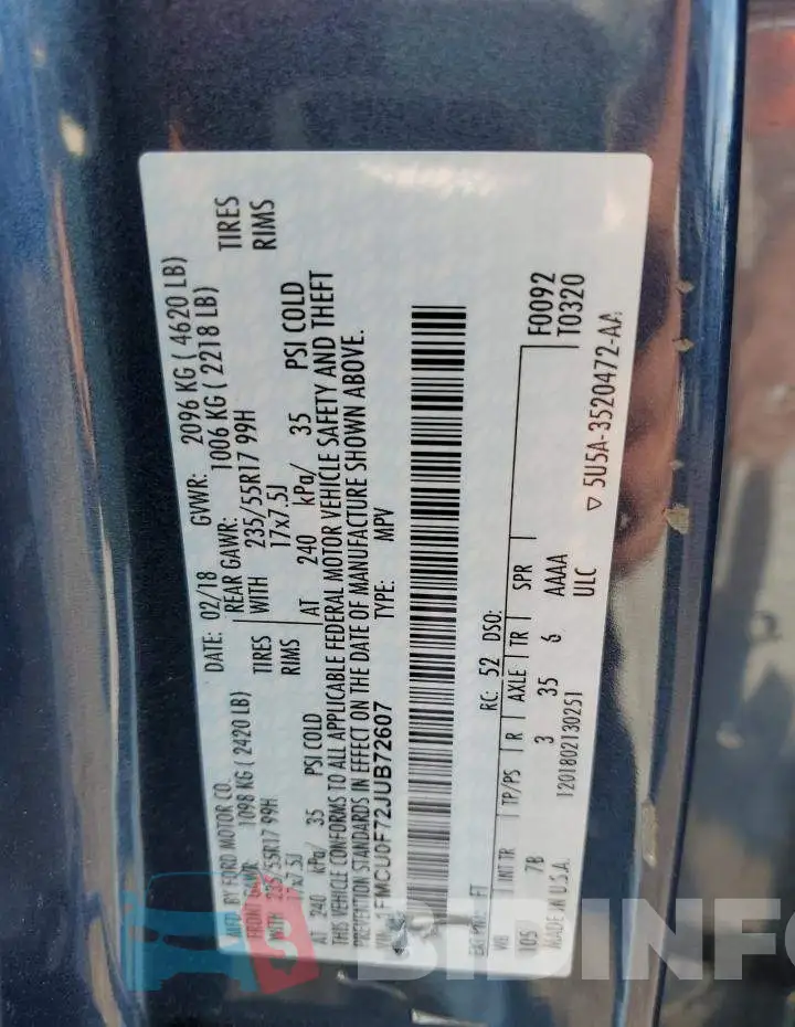 1FMCU0F72JUB72607 Photo# 12