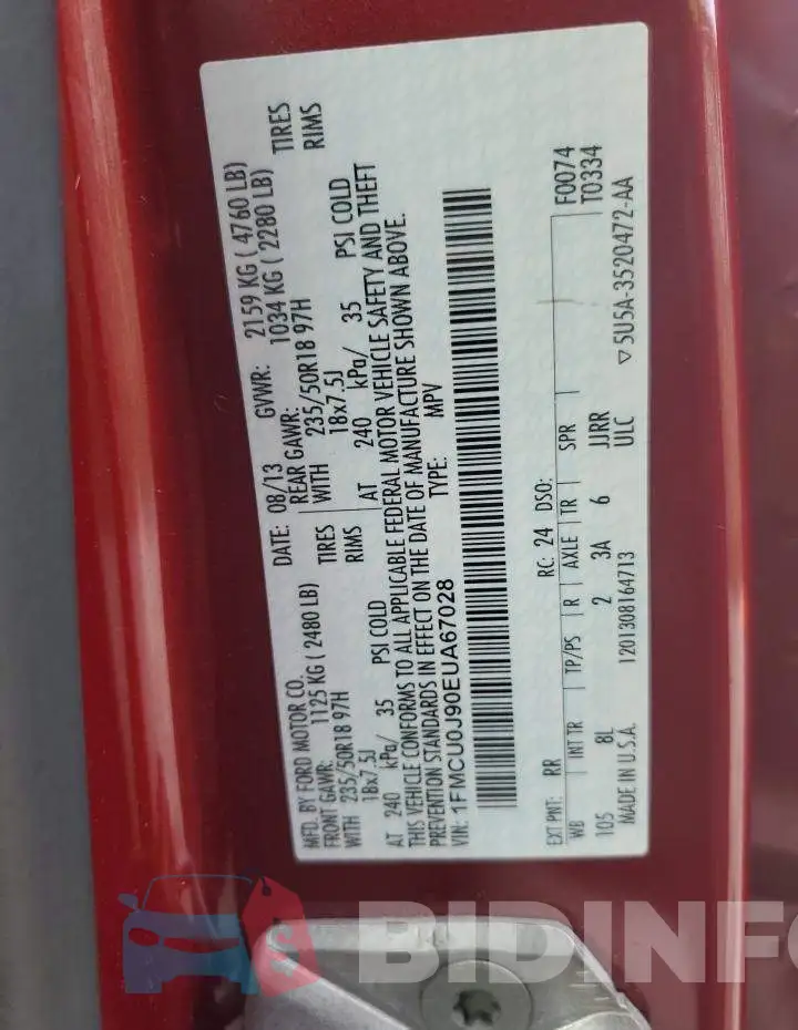 1FMCU0J90EUA67028 Photo# 12