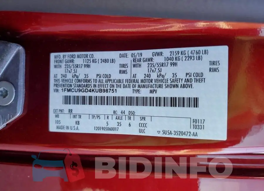 1FMCU9GD4KUB98751 Photo# 13