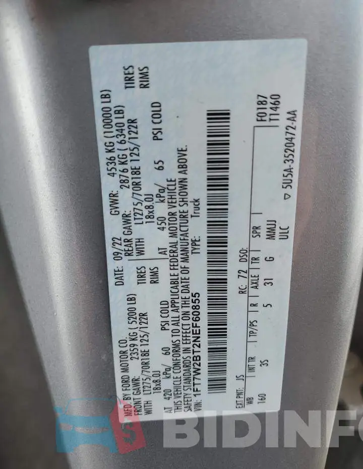 1FT7W2BT2NEF60855 Photo# 13