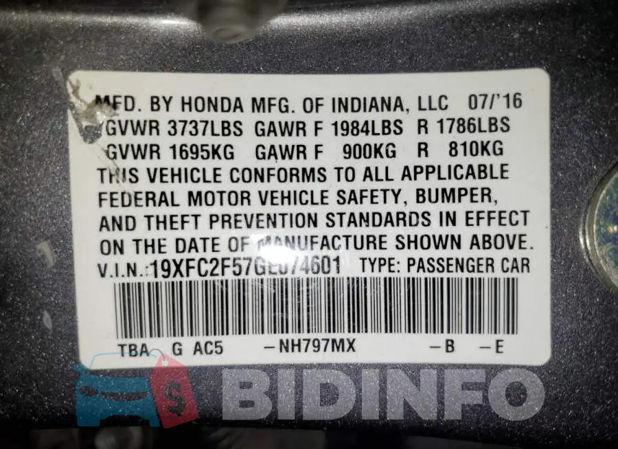 19XFC2F57GE074601 Photo# 12