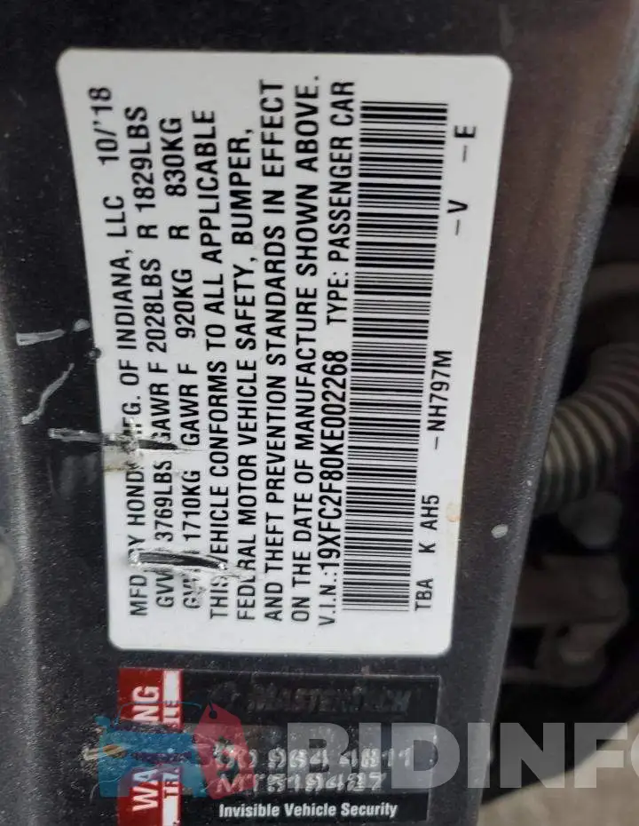19XFC2F80KE002268 Photo# 12