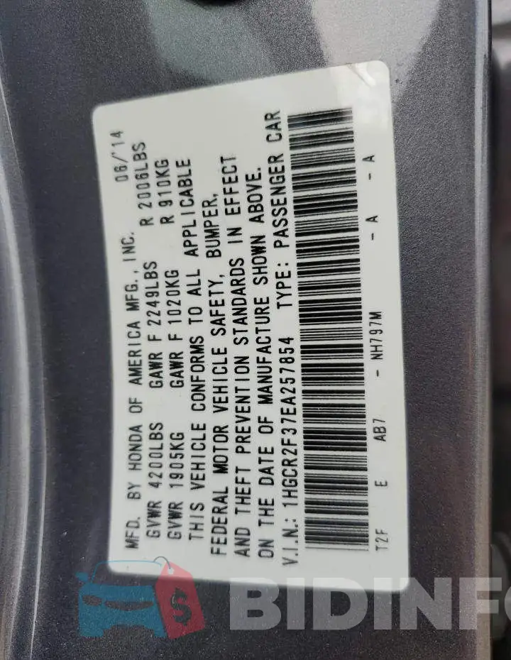 1HGCR2F37EA257854 Photo# 12