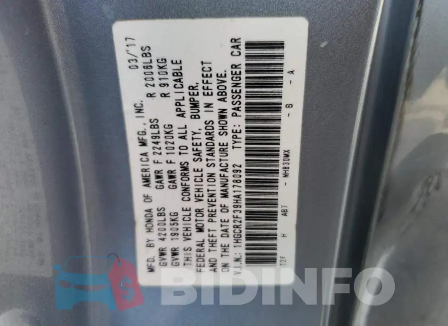 1HGCR2F39HA178092 Photo# 12