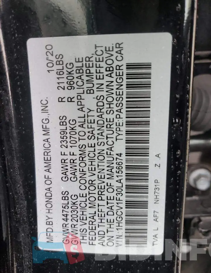 1HGCV1F30LA156674 Photo# 12