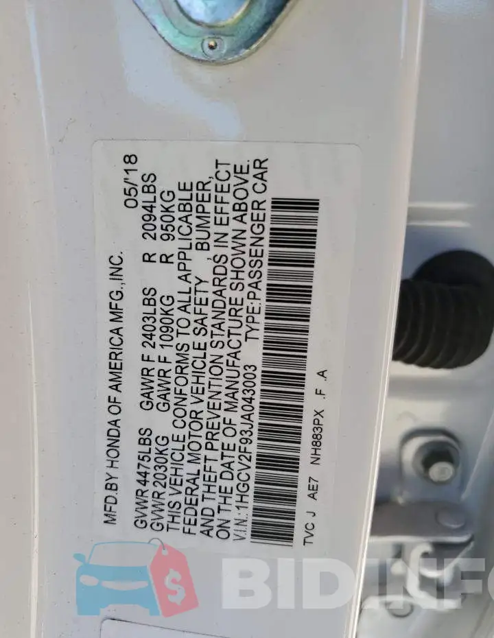 1HGCV2F93JA043003 Photo# 12