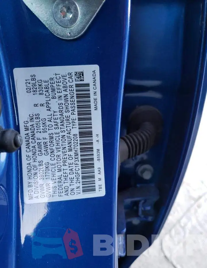 2HGFC1F3XMH702208 Photo# 13