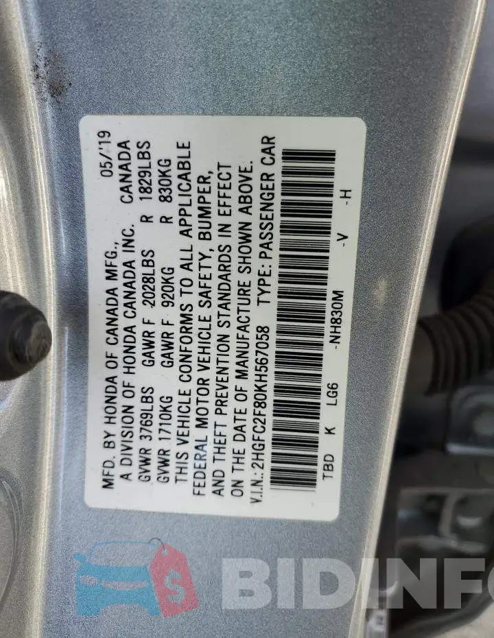 2HGFC2F80KH567058 Photo# 12