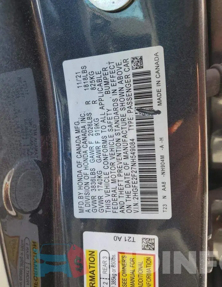 2HGFE2F27NH549084 Photo# 12
