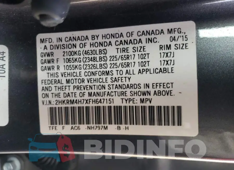 2HKRM4H7XFH647151 Photo# 13