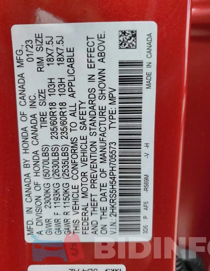 2HKRS5H54PH705573 Photo# 13