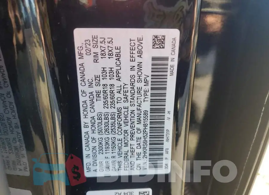 2HKRS6H52PH815589 Photo# 13